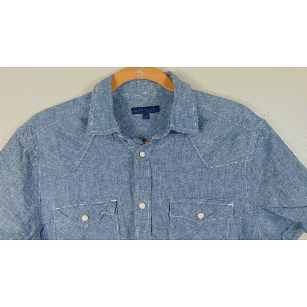 Martin + Osa Womens Denim Pearl Snap Shirt Western Short Sleeve Linen Blue Small - Picture 3 of 10